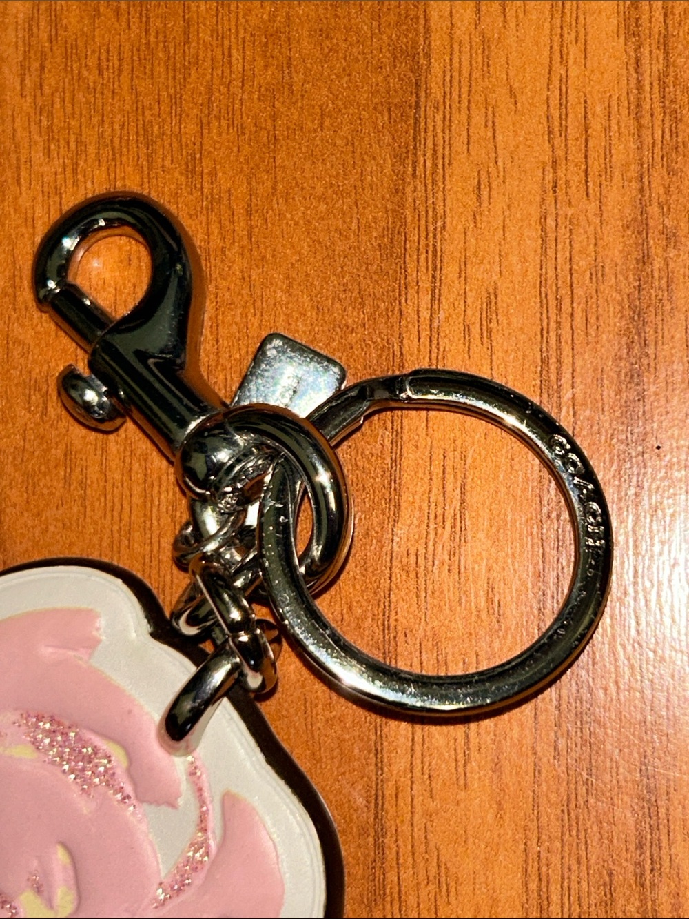Coach Tea Rose Pink Glitter Leather Bag Charm Keychain - Picture 6 of 12
